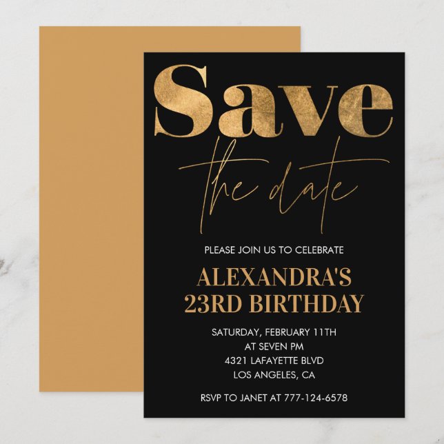 Black Gold 23rd birthday invitations Save the date (Front/Back)