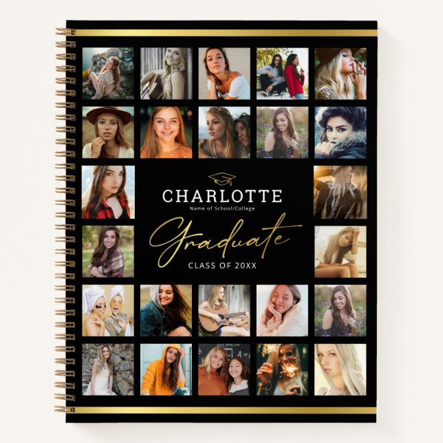 Black Gold 24 Photo Collage Graduation Guest Notebook (Front)