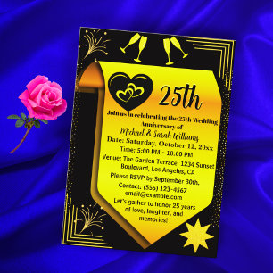 Black Gold 25th Wedding Anniversary Simple Modern Invitation