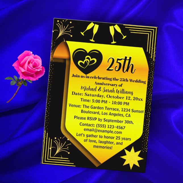 Black Gold 25th Wedding Anniversary Simple Modern  Invitation (Creator Uploaded)