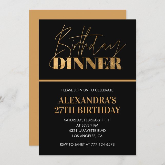 Black Gold 27th birthday invitation Dinner Chic (Front/Back)