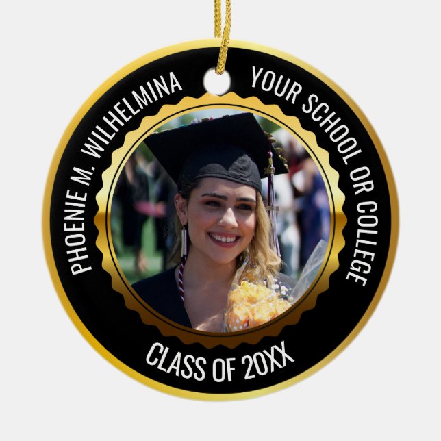 Black & Gold 2 Photo Graduation Class of 2023 Ceramic Ornament (Front)