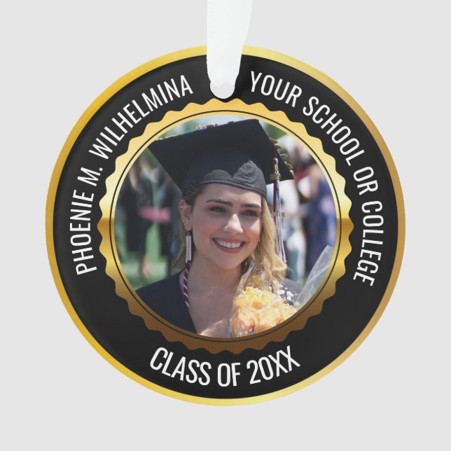 Black & Gold 2 Photo Graduation Class of 2025 Ornament (Front)
