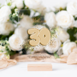 Black Gold 30th Balloons Confetti Adult Birthday Acrylic Invitations