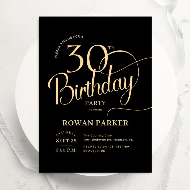 Black Gold 30th Birthday Elegant Script Invitation (Creator Uploaded)