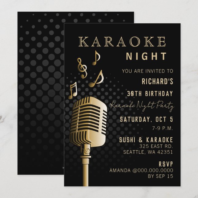 Black Gold 30th Birthday Karaoke Night Party Invitation (Front/Back)