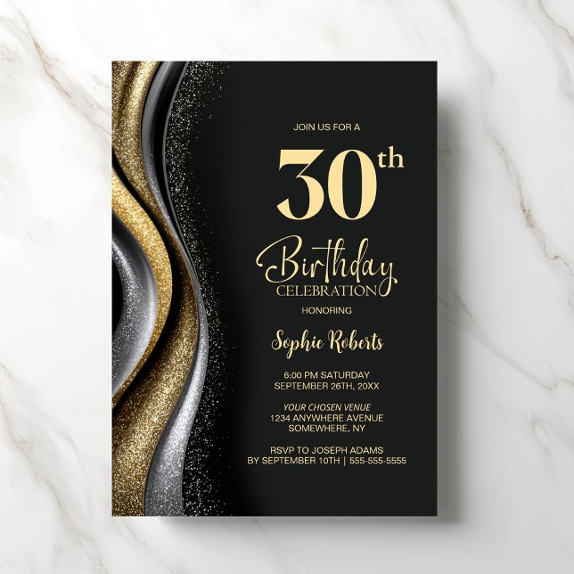 Black Gold 30th Birthday Party Invitation (Creator Uploaded)