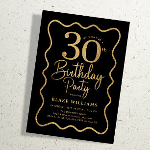 Black Gold 30th Birthday Wavy Border Invitation