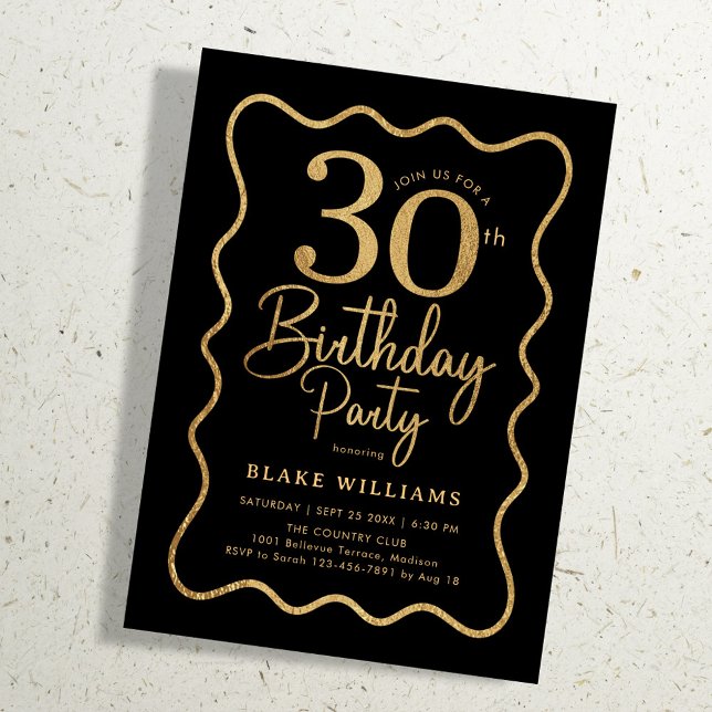 Black Gold 30th Birthday Wavy Border Invitation (Creator Uploaded)