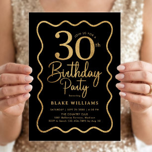 Black Gold 30th Birthday Wavy Border Invitation