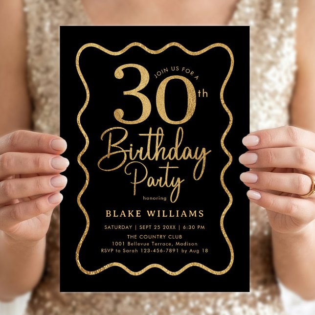 Black Gold 30th Birthday Wavy Border Invitation (Creator Uploaded)