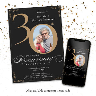 Black Gold 30th Wedding Anniversary Calligraphy Invitation