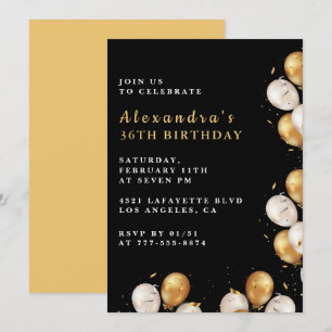 Black Gold 36th birthday invitations  Balloon 