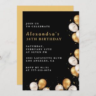 Black Gold 38th birthday invitations Balloon