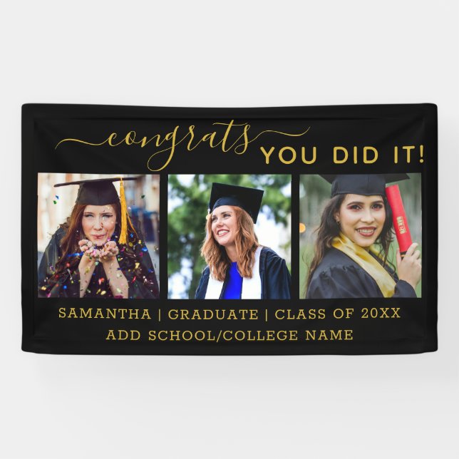 Black Gold 3 Photo Congrats Grad 2025 Graduation  Banner (Horizontal)