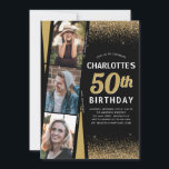 Black Gold 3 Photo Film Glitter Any Age Birthday Invitation<br><div class="desc">Modern Glam Black Gold Glitter Sparkle Elegant Script Calligraphy 3 Photo Film Roll Hollywood Glamour Any Age Birthday Invitation</div>