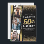 Black Gold 3 Photo Film Glitter Any Age Birthday Invitation<br><div class="desc">Modern Glam Black Gold Glitter Sparkle Elegant Script Calligraphy 3 Photo Film Roll Hollywood Glamour Any Age Birthday Invitation</div>