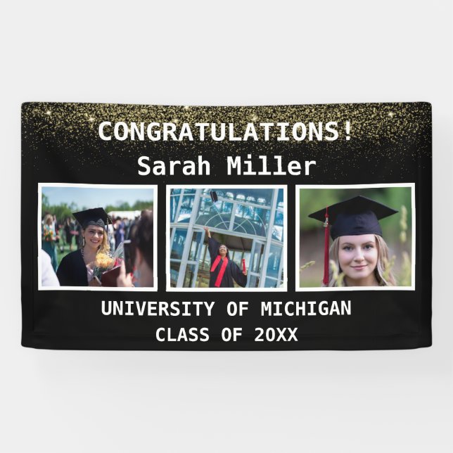 Black & Gold 3 Photo Graduation Class of 2025 Banner (Horizontal)