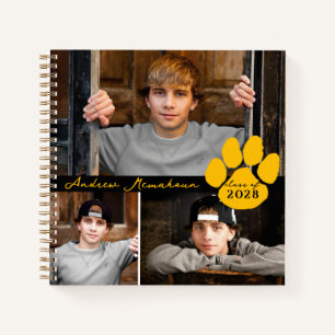 Black & Gold 3 Photo Paw Graduation Guestbook Notebook