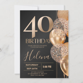 Black Gold 40th Birthday Glam Confetti Balloons Invitation