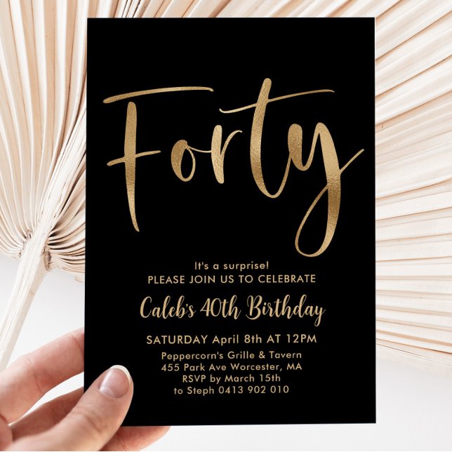 Black Gold 40th Birthday Mens Modern Invitation (Creator Uploaded)