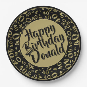 Black/Gold 40th Happy Birthday Number Pattern Paper Plate