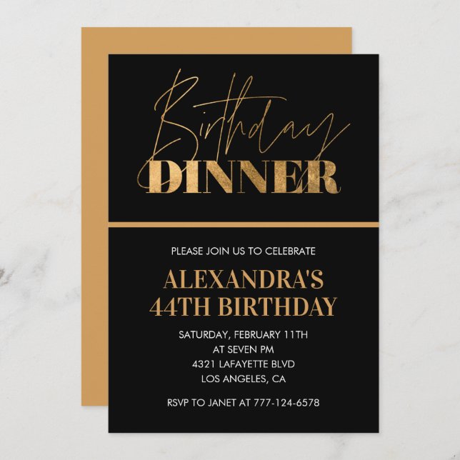 Black Gold 44th birthday invitation Dinner Chic (Front/Back)