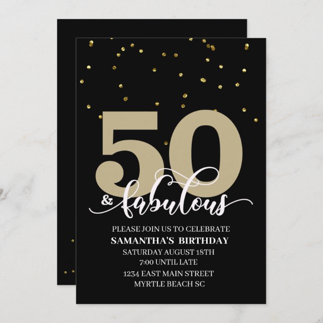 Black Gold 50 and Fabulous Birthday Party  Invitation (Front/Back)
