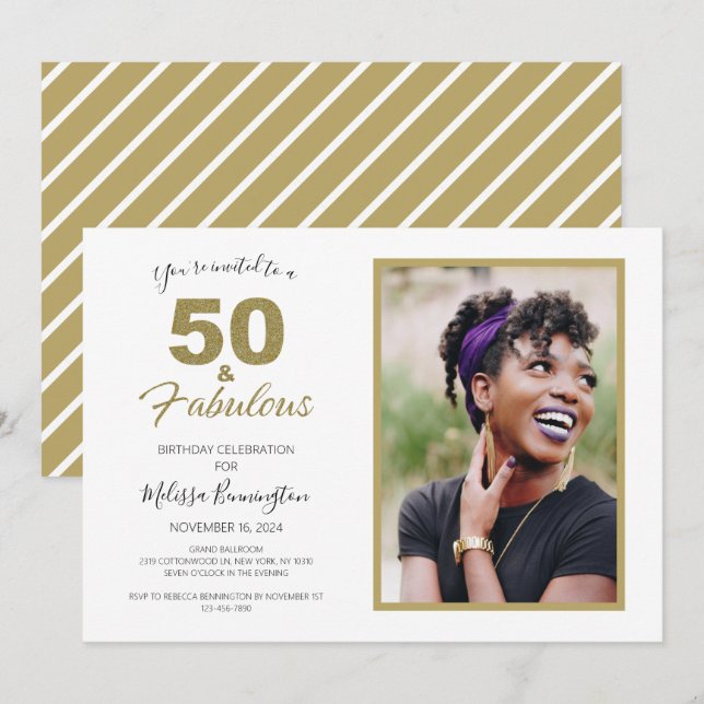 Black Gold 50 and Fabulous Birthday Party Photo Invitation (Front/Back)