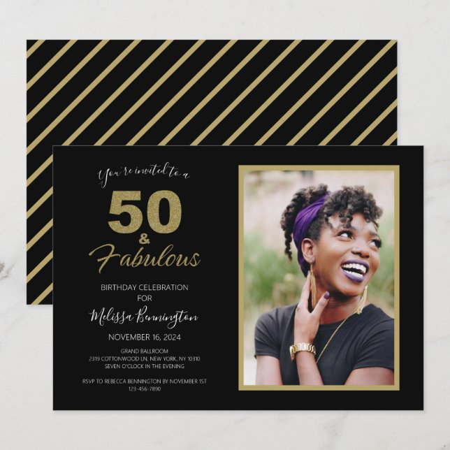 Black Gold 50 and Fabulous Birthday Party Photo Invitation (Front/Back)