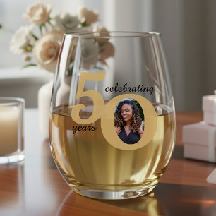 Black & Gold 50 Fifty Years 50th Birthday Stemless Wine Glass
