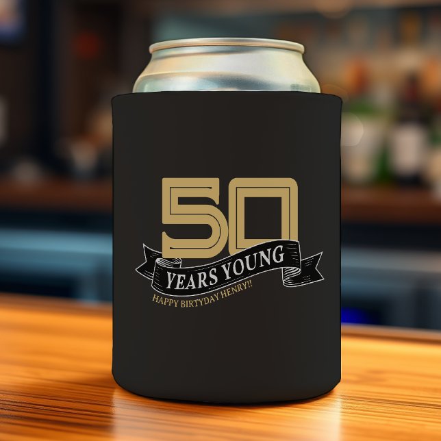 Black & Gold 50 Years Young Banner 50th Birthday Can Cooler (Creator Uploaded)