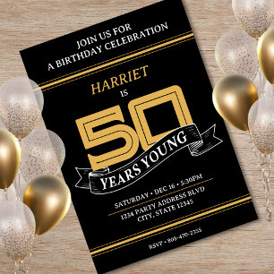 Black & Gold 50 Years Young Banner 50th Birthday Invitation