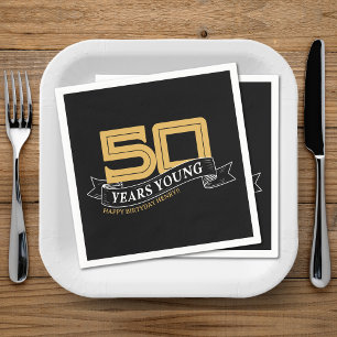 Black & Gold 50 Years Young Banner 50th Birthday Napkin