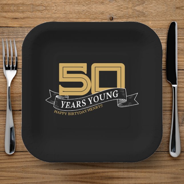Black & Gold 50 Years Young Banner 50th Birthday Paper Plate (Black & Gold 50 Years Young Banner 50th Birthday Paper Plates)