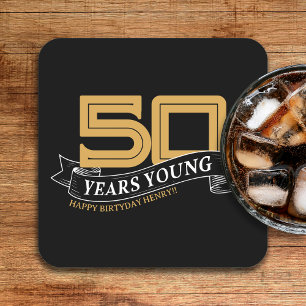 Black & Gold 50 Years Young Banner 50th Birthday Square Paper Coaster
