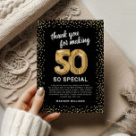 Black Gold 50th Adult Birthday Thank You Card<br><div class="desc">Elegant fiftieth birthday party thank you cards featuring a stylish black background that can be changed to any colour,  gold sparkly glitter,  fifty gold hellium balloons,  and a modern thank you template that is easy to personalise.</div>