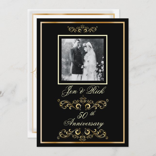 Black + Gold 50th Anniversary, Gold Swirls Photo Invitation (Front/Back)