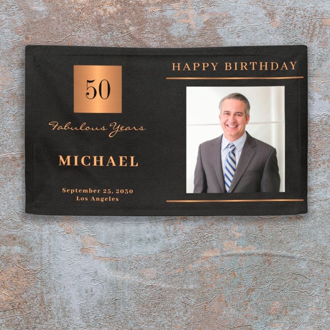 Black gold 50th birthday custom photo party banner (Creator Uploaded)