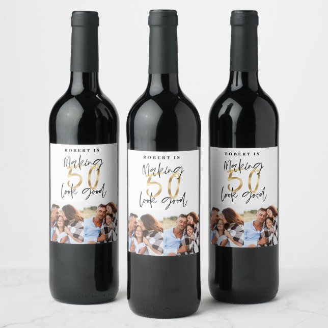 Black gold 50th birthday multi photo party favour wine label (Bottles)