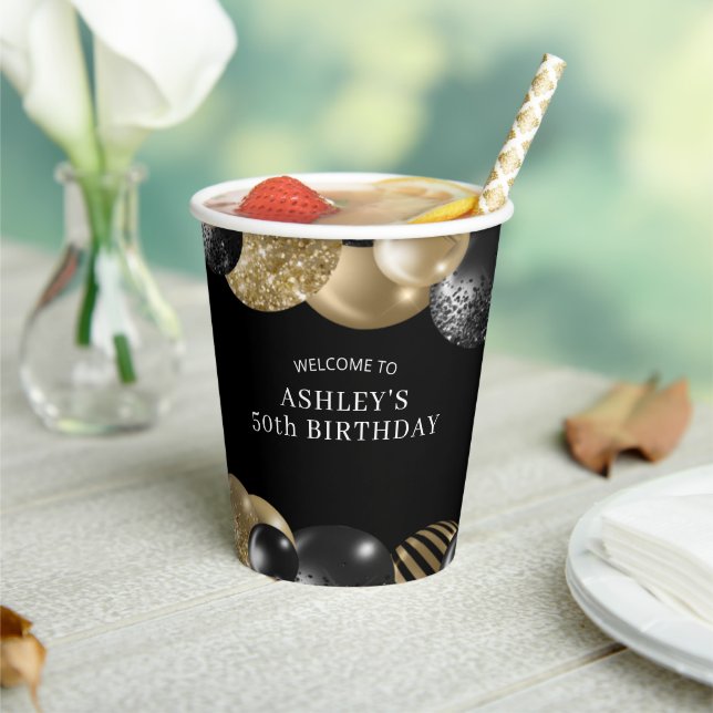 Black Gold 50th Birthday Paper Cups (Insitu)