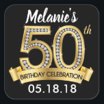 Black & Gold 50th Birthday Stickers<br><div class="desc">Black & Gold 50th Birthday Stickers with added bling of diamonds. This square sticker may be used for birthday favour tags or stickers on favours.</div>