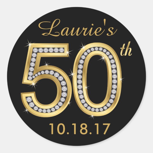 Black & Gold 50th Birthday Stickers | Diamond (Front)