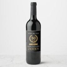 Black & Gold 50th Birthday Wine Labels 