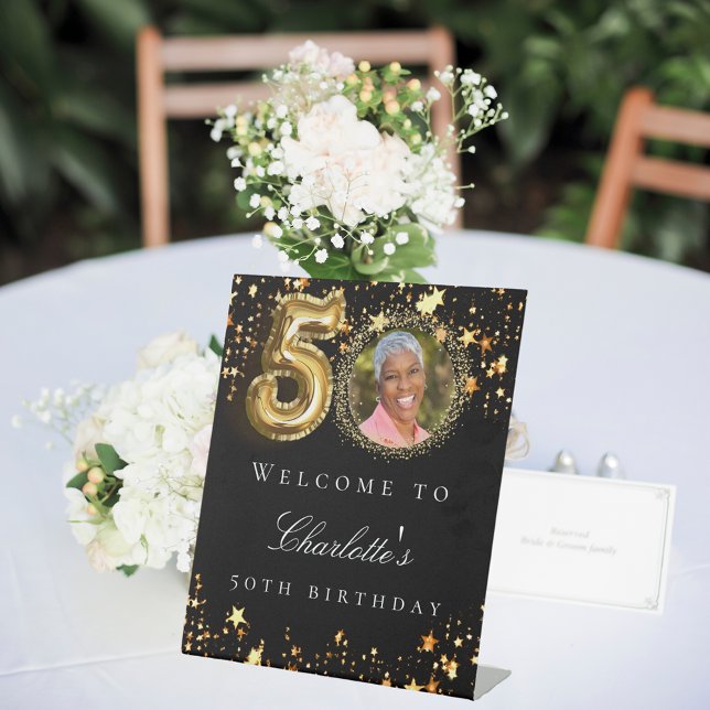 Black gold 50th photo birthday party welcome pedestal sign (Creator Uploaded)