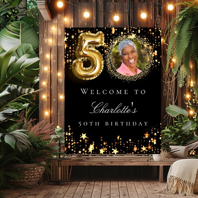 Black gold 50th photo birthday party welcome poster (Creator Uploaded)