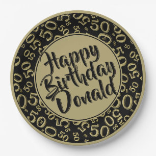 Black/Gold 50th Random Number Pattern Paper Plate