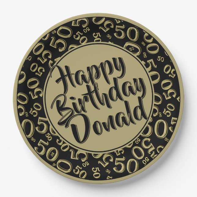  Black/Gold 50th Random Number Pattern Paper Plate (Front)