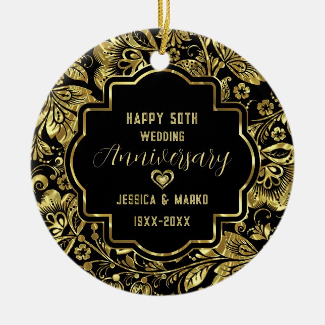Black & Gold 50th Wedding Anniversary Ceramic Ornament (Front)