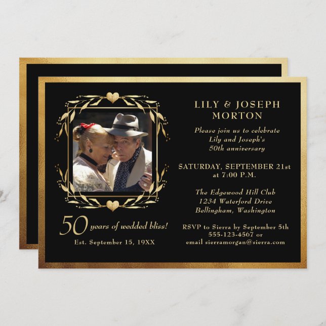 Black & Gold 50th Wedding Anniversary Photo Invitation (Front/Back)